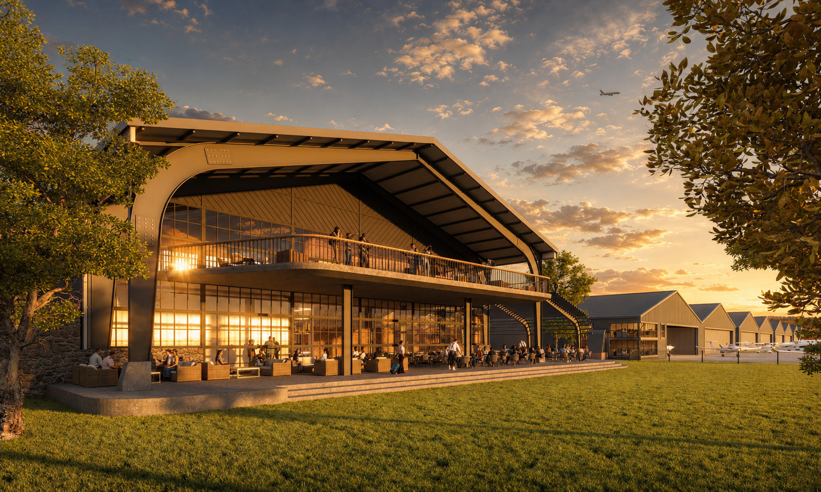 Clubhouse and terrace overlooking the runway at Atlantic Aerodrome